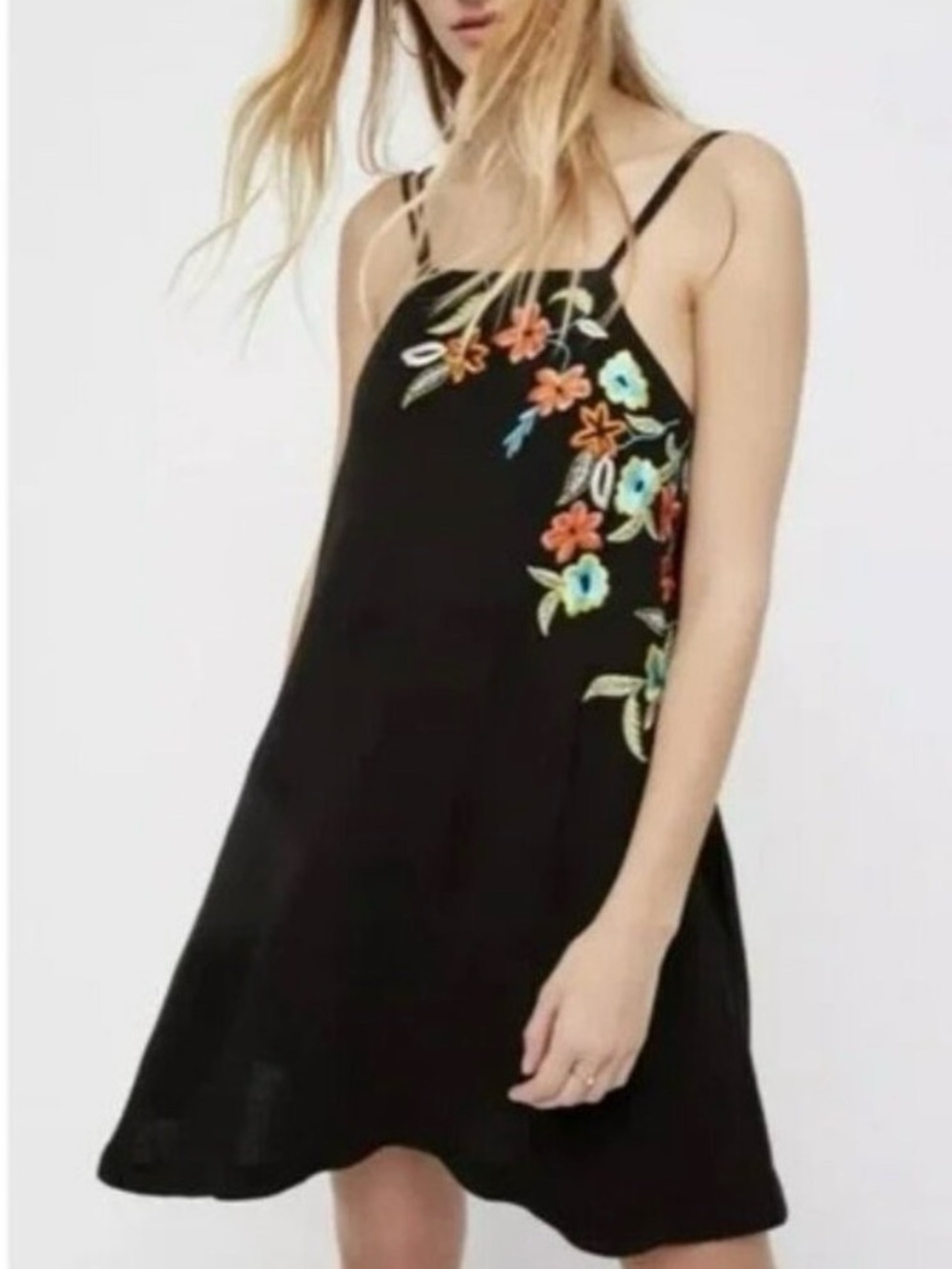 FREE PEOPLE Black Floral Embroidered Strappy Swing Mini Dress  Size XS